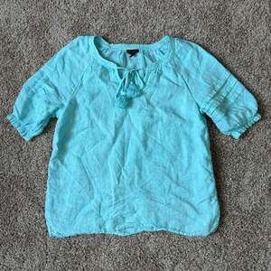 Talbots 100% Linen Tassel Top Aqua Blue Boho Coastal Cottagecore Chic Sumner